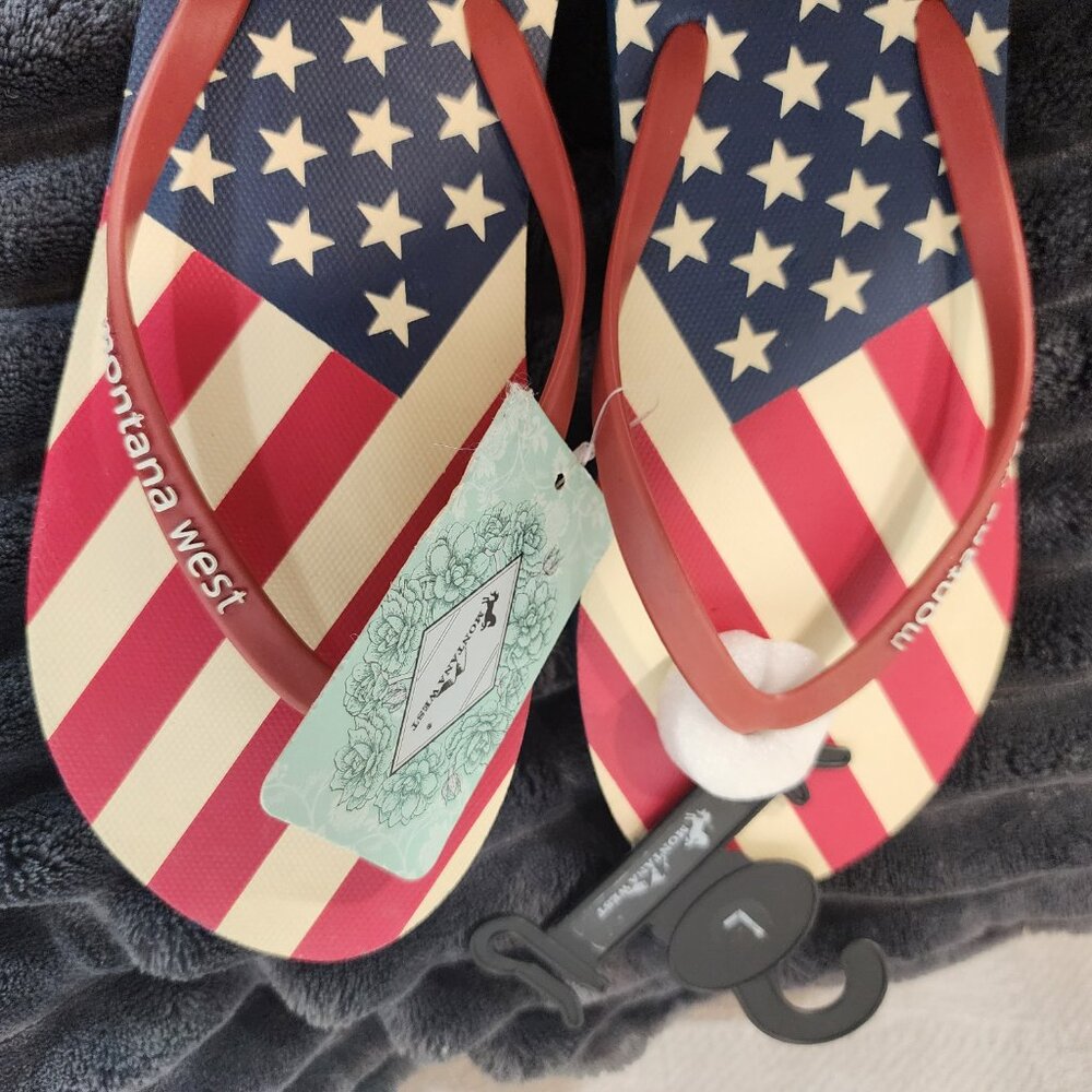 Montana West Red White and Blue Stars and Stripes Womens Flip Flops Size L 9/10 - Picture 10 of 16